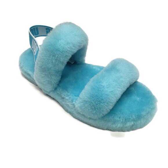 UGG Sz 4 Ages 6-10 Oh Yea Fluff Slide Slippers S/N 1115752K Sheepskin Oasis Blue - Picture 1 of 8